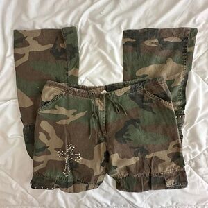 Low Waist Cross Rhinestone Camo Cargo Pants
